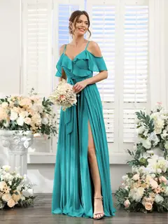 A-Line/Princess V-Neck Spaghetti Straps Floor-Length Bridesmaid Dresses with Pockets — view 53