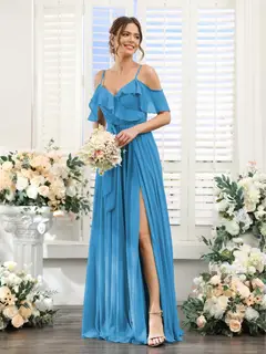 A-Line/Princess V-Neck Spaghetti Straps Floor-Length Bridesmaid Dresses with Pockets — view 54