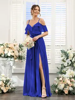 A-Line/Princess V-Neck Spaghetti Straps Floor-Length Bridesmaid Dresses with Pockets — view 56