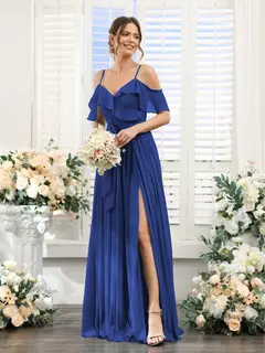 A-Line/Princess V-Neck Spaghetti Straps Floor-Length Bridesmaid Dresses with Pockets — view 57
