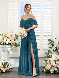 A-Line/Princess V-Neck Spaghetti Straps Floor-Length Bridesmaid Dresses with Pockets — view 59