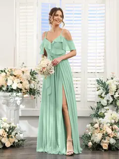 A-Line/Princess V-Neck Spaghetti Straps Floor-Length Bridesmaid Dresses with Pockets — view 62