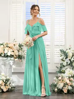 A-Line/Princess V-Neck Spaghetti Straps Floor-Length Bridesmaid Dresses with Pockets — view 63