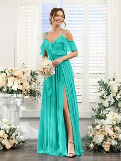 A-Line/Princess V-Neck Spaghetti Straps Floor-Length Bridesmaid Dresses with Pockets — view 64