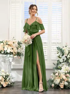 A-Line/Princess V-Neck Spaghetti Straps Floor-Length Bridesmaid Dresses with Pockets — view 66