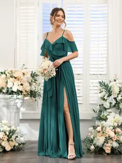 A-Line/Princess V-Neck Spaghetti Straps Floor-Length Bridesmaid Dresses with Pockets — view 67