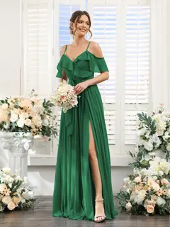 A-Line/Princess V-Neck Spaghetti Straps Floor-Length Bridesmaid Dresses with Pockets — view 68