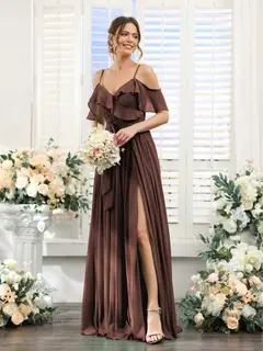 A-Line/Princess V-Neck Spaghetti Straps Floor-Length Bridesmaid Dresses with Pockets — view 77