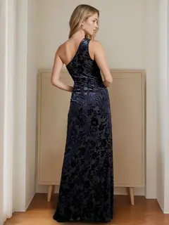 A-Line/Princess One-Shoulder Sleeveless Floor-Length Velvet Bridesmaid Dresses with Split Side — view 2