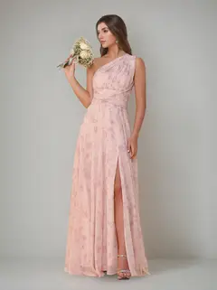 A-Line/Princess One-Shoulder Sleeveless Floor-Length Bridesmaid Dresses with Split Side & Pleated — view 1