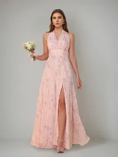 A-Line/Princess One-Shoulder Sleeveless Floor-Length Bridesmaid Dresses with Split Side & Pleated — view 3