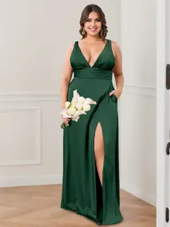 A-Line/Princess Deep V-Neck Sleeveless Floor-Length Bridesmaid Dresses with Ruffles & Split Side — view 3