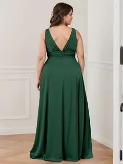 A-Line/Princess Deep V-Neck Sleeveless Floor-Length Bridesmaid Dresses with Ruffles & Split Side — view 4