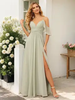A-Line/Princess Spaghetti Straps V-Neck Floor-Length Bridesmaid Dresses with Split Side — view 1