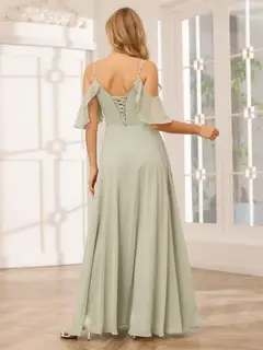 A-Line/Princess Spaghetti Straps V-Neck Floor-Length Bridesmaid Dresses with Split Side — view 2
