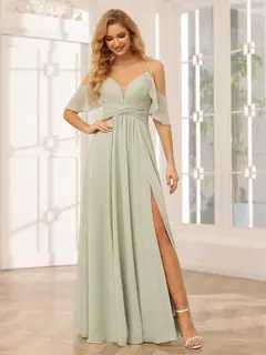 A-Line/Princess Spaghetti Straps V-Neck Floor-Length Bridesmaid Dresses with Split Side — view 4