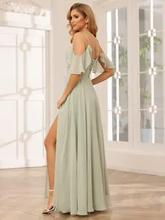 A-Line/Princess Spaghetti Straps V-Neck Floor-Length Bridesmaid Dresses with Split Side — view 7