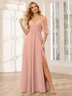 A-Line/Princess Spaghetti Straps V-Neck Floor-Length Bridesmaid Dresses with Split Side — view 8