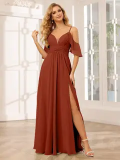 A-Line/Princess Spaghetti Straps V-Neck Floor-Length Bridesmaid Dresses with Split Side — view 14