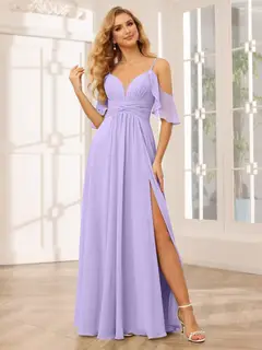 A-Line/Princess Spaghetti Straps V-Neck Floor-Length Bridesmaid Dresses with Split Side — view 15