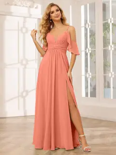 A-Line/Princess Spaghetti Straps V-Neck Floor-Length Bridesmaid Dresses with Split Side — view 16
