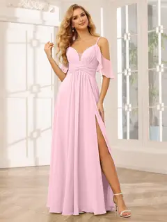 A-Line/Princess Spaghetti Straps V-Neck Floor-Length Bridesmaid Dresses with Split Side — view 26
