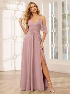 A-Line/Princess Spaghetti Straps V-Neck Floor-Length Bridesmaid Dresses with Split Side — view 31