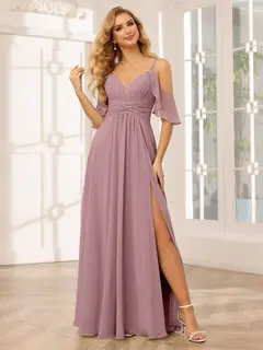 A-Line/Princess Spaghetti Straps V-Neck Floor-Length Bridesmaid Dresses with Split Side — view 32