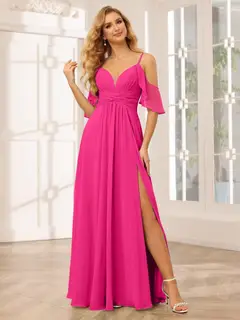 A-Line/Princess Spaghetti Straps V-Neck Floor-Length Bridesmaid Dresses with Split Side — view 34