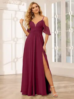 A-Line/Princess Spaghetti Straps V-Neck Floor-Length Bridesmaid Dresses with Split Side — view 39