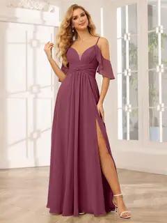 A-Line/Princess Spaghetti Straps V-Neck Floor-Length Bridesmaid Dresses with Split Side — view 44