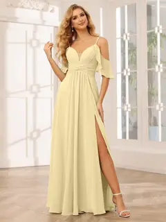 A-Line/Princess Spaghetti Straps V-Neck Floor-Length Bridesmaid Dresses with Split Side — view 69