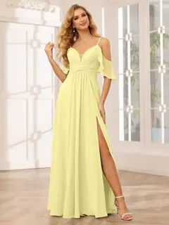 A-Line/Princess Spaghetti Straps V-Neck Floor-Length Bridesmaid Dresses with Split Side — view 70