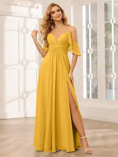 A-Line/Princess Spaghetti Straps V-Neck Floor-Length Bridesmaid Dresses with Split Side — view 71