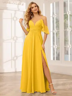 A-Line/Princess Spaghetti Straps V-Neck Floor-Length Bridesmaid Dresses with Split Side — view 72