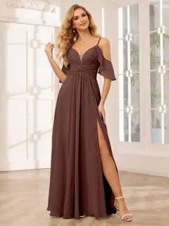A-Line/Princess Spaghetti Straps V-Neck Floor-Length Bridesmaid Dresses with Split Side — view 77