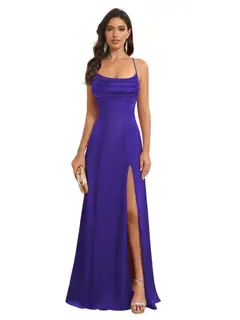 A-Line/Princess Spaghetti Straps Sleeveless Floor Length Bridesmaid Dresses Satin With Split Slide — view 7