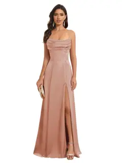A-Line/Princess Spaghetti Straps Sleeveless Floor Length Bridesmaid Dresses Satin With Split Slide — view 8