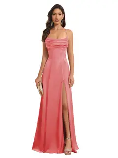 A-Line/Princess Spaghetti Straps Sleeveless Floor Length Bridesmaid Dresses Satin With Split Slide — view 10