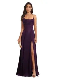A-Line/Princess Spaghetti Straps Sleeveless Floor Length Bridesmaid Dresses Satin With Split Slide — view 14