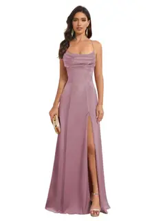 A-Line/Princess Spaghetti Straps Sleeveless Floor Length Bridesmaid Dresses Satin With Split Slide — view 15