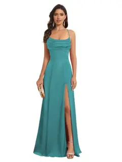 A-Line/Princess Spaghetti Straps Sleeveless Floor Length Bridesmaid Dresses Satin With Split Slide — view 16