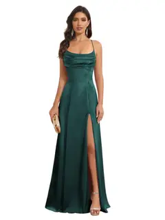 A-Line/Princess Spaghetti Straps Sleeveless Floor Length Bridesmaid Dresses Satin With Split Slide — view 17