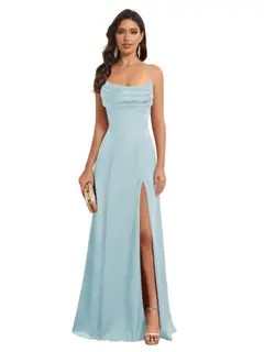 A-Line/Princess Spaghetti Straps Sleeveless Floor Length Bridesmaid Dresses Satin With Split Slide — view 19