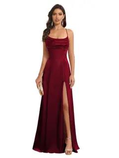 A-Line/Princess Spaghetti Straps Sleeveless Floor Length Bridesmaid Dresses Satin With Split Slide — view 21