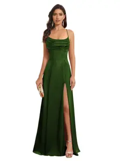 A-Line/Princess Spaghetti Straps Sleeveless Floor Length Bridesmaid Dresses Satin With Split Slide — view 22