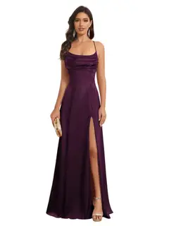 A-Line/Princess Spaghetti Straps Sleeveless Floor Length Bridesmaid Dresses Satin With Split Slide — view 24