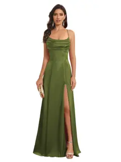 A-Line/Princess Spaghetti Straps Sleeveless Floor Length Bridesmaid Dresses Satin With Split Slide — view 25