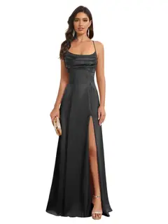 A-Line/Princess Spaghetti Straps Sleeveless Floor Length Bridesmaid Dresses Satin With Split Slide — view 27