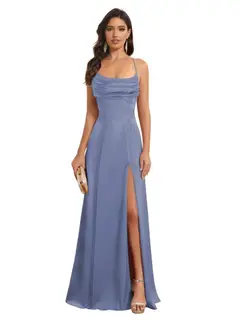 A-Line/Princess Spaghetti Straps Sleeveless Floor Length Bridesmaid Dresses Satin With Split Slide — view 28